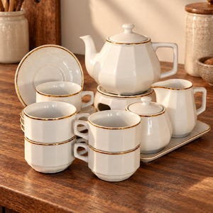 Servizio da tè Bistro Vintage – Tazze e piattini, teiera, set per panna e zucchero + scaldacandele - Porcellana francese