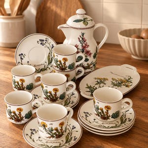 Może przedstawiać: Ceramiczny zestaw do herbaty z białą bazą, brązowymi obwódkami i botanicznymi ilustracjami żółtych i niebieskich kwiatów. Zestaw zawiera dzbanek z pokrywką, kilka filiżanek ze spodkami oraz owalną tacę, ozdobione motywami roślinnymi.