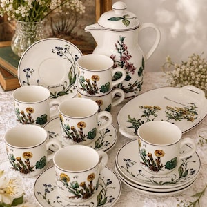 Könnte beinhalten: Ein Keramik-Teeservice mit einer weißen Kanne, fünf Tassen und fünf Untertassen, verziert mit botanischen Illustrationen gelber und blauer Blumen. Die Teile haben einen dunkelbraunen Rand und den Aufdruck Myosotis palustris.