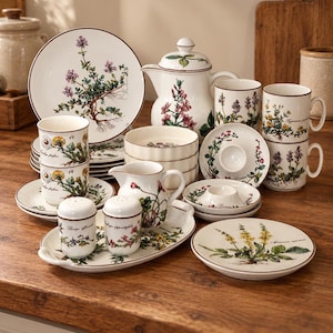 Op de afbeelding: Een set wit keramieken servies met botanische illustraties van diverse kruiden en bloemen en bruine randen. De set bevat borden, mokken, een theepot met deksel, een melkkannetje, eierdopjes en zout- en pepervaatjes op een dienblad.