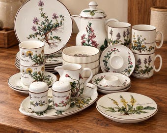 Op de afbeelding: Een set wit keramieken servies met botanische illustraties van diverse kruiden en bloemen en bruine randen. De set bevat borden, mokken, een theepot met deksel, een melkkannetje, eierdopjes en zout- en pepervaatjes op een dienblad.