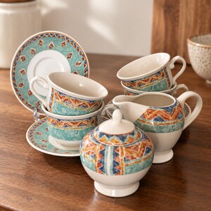 Op de afbeelding: Een keramische theeset met een crèmekleurige basis en een geometrisch patroon in turquoise, oranje en blauw. De set bevat meerdere kopjes met bijpassende schoteltjes, een melkkannetje met handvat en een suikerpot met deksel.