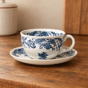 Op de afbeelding: Een witte keramische theekop en schotel met een gedetailleerd blauw bloemen- en krulpatroon. De kop heeft een ronde vorm met een gebogen handvat en de schotel is voorzien van een bijpassend ingewikkeld blauw ontwerp langs de rand.