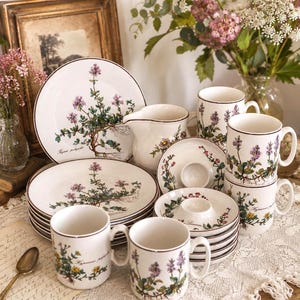 Può includere: Un set di stoviglie in ceramica color crema con illustrazioni botaniche di erbe con fiori viola e gialli. Il set comprende piatti, tazze, una brocca e portauova, tutti rifiniti con un sottile bordo marrone lungo i profili.