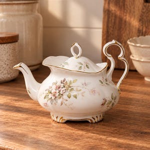 May include: A white porcelain teapot featuring a delicate floral pattern with pink and green botanical illustrations. The teapot has a scalloped rim, a curved handle, a pointed spout, and a matching lid, all accented with fine gold trim details.