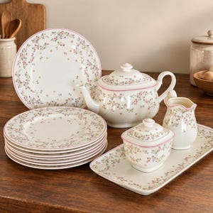 Villeroy & Boch Fleurosa – 8 Frühstücksteller (21,5 cm), Teekanne, Zuckerdose, Milchkännchen und Servierschale – Vintage-Geschirr