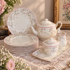 Könnte beinhalten: Ein Keramik-Teeservice mit einem zarten Blumenmuster aus winzigen rosa und blauen Blüten auf cremefarbenem Grund mit rosa Rändern. Das Set besteht aus einer Teekanne mit Deckel, einem Milchkännchen, einer Zuckerdose mit Deckel, einem Tablett und sechs Tellern.