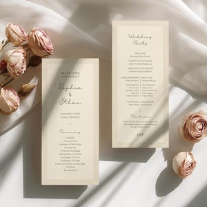 May include: Two rectangular cream-coloured wedding programme cards with dark text. The left card reads Welcome to the wedding of Sophia & Ethan, September 5, 2020, Stowe, Vermont, and Ceremony. The right card reads Wedding Party and Thank you.