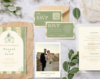 Olive Green Botanical Wedding Invitation Suite Template (Digital Download)