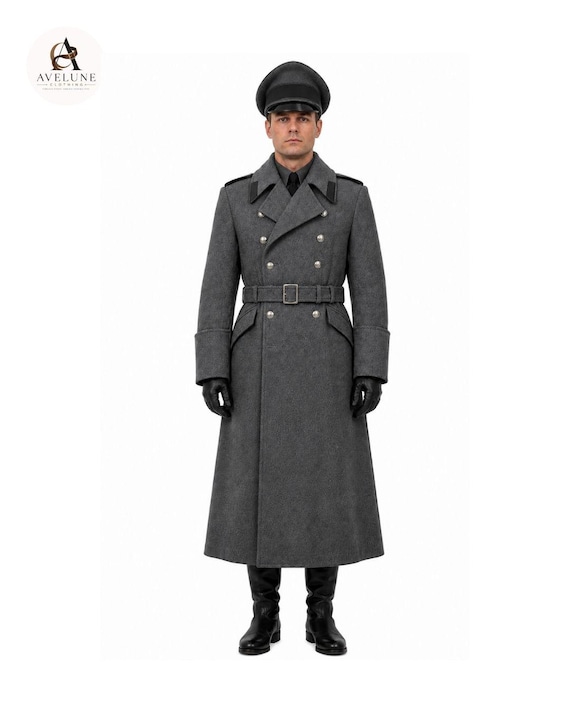 German Military Greatcoat Wool Long Officer Overcoat Historical Reproduction, Double Breasted Coat