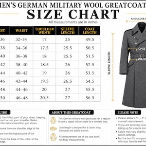 May include: A grey wool greatcoat size chart featuring a table with measurements in inches for sizes XS to 4XL. The chart includes columns for chest, waist, shoulder width, sleeve length, and coat length, alongside a visual guide of the coat.