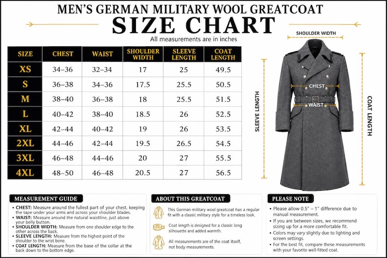May include: A grey wool greatcoat size chart featuring a table with measurements in inches for sizes XS to 4XL. The chart includes columns for chest, waist, shoulder width, sleeve length, and coat length, alongside a visual guide of the coat.