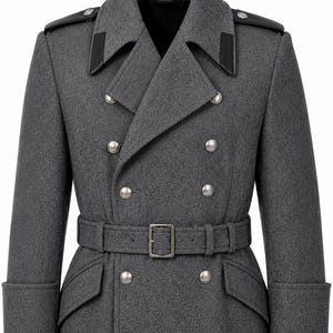May include: A charcoal gray double-breasted wool coat featuring a wide notched collar with black leather accents, silver-toned metal buttons, shoulder epaulets, and a matching waist belt with a rectangular buckle and deep cuffs.