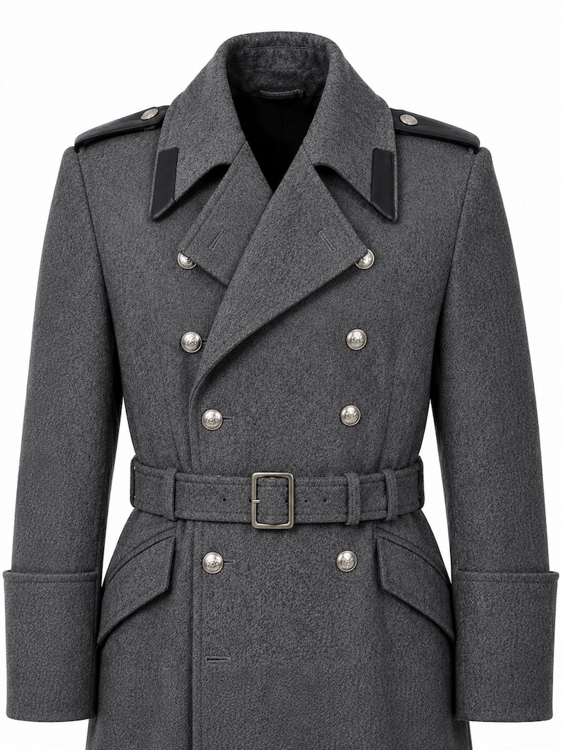 May include: A charcoal gray double-breasted wool coat featuring a wide notched collar with black leather accents, silver-toned metal buttons, shoulder epaulets, and a matching waist belt with a rectangular buckle and deep cuffs.