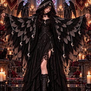 May include: A black hooded shawl featuring a raven-wing design with silver chains and crescent-moon charms. The text reads: Gothic Raven-Wing Hooded Shawl with Crescent-Moon Charms. Strength in shadows. Different soul, same moon.