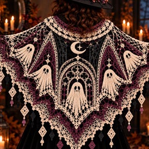May include: A triangular crochet shawl featuring a cream-colored ghost pattern, a central gothic arch motif, and a crescent moon design. The shawl is crafted with dark purple and black yarn accents and finished with dangling diamond-shaped lace tassels.