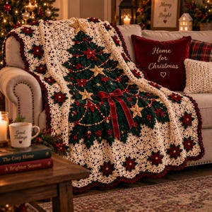May include: A cream-colored crochet throw blanket featuring a large, central dark green Christmas tree design adorned with gold stars, red berries, and a prominent red velvet bow, accented by scattered red poinsettia motifs along the edges.