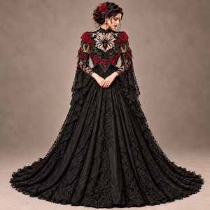 Könnte beinhalten: Ein bodenlanges schwarzes Kleid mit aufwendigen Spitzendetails, einem hohen Ausschnitt mit Spinnennetz-Muster und langen, ausgestellten Ärmeln. Das Kleid ist mit dunkelroten Stoffrosen an Schultern, Mieder und Haar verziert.