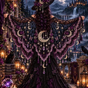 May include: A black crochet shawl featuring purple floral accents, hanging crescent moon and star charms, and dangling purple crystals. The shawl is worn over a layered black and purple dress. Text at the top reads: CROCHET PATTERN – PDF ONLY.