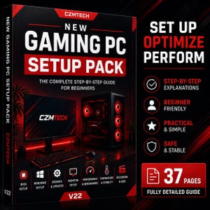 Könnte beinhalten: Ein 37-seitiger Leitfaden mit dem Titel New Gaming PC Setup Pack von CZMTECH. Das Cover zeigt ein schwarz-rotes Gaming-Computer-Setup mit Monitor, Tastatur und Tower. Es enthält schrittweise Erklärungen und ist für Anfänger konzipiert.