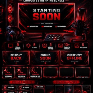 Puede incluir: Un paquete de streaming digital con temática roja y negra que incluye el texto PREMIUM & EDITABLE STREAM PACK. Contiene varias pantallas de transmisión, alertas, marcos de cámara web, paneles, widgets y fondos de pantalla editables en Figma.