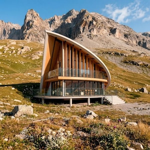 May include: A modern two-story building with a curved roof and wooden structural beams, featuring floor-to-ceiling glass windows and a balcony with a metal railing, situated in a rocky mountain landscape with sparse green vegetation.