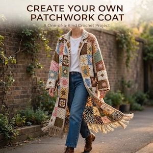May include: A long, open-front crochet coat made of multicolored granny squares in shades of brown, pink, blue, and cream. The coat features a lapel collar, long sleeves, and a fringed hem. Text reads: CREATE YOUR OWN PATCHWORK COAT A One-of-a-Kind Crochet Project.