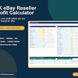 May include: A digital UK eBay Reseller Profit Calculator spreadsheet interface displayed on a dark blue background. The document includes sections for inputs, results, and price sensitivity analysis, with text labels for net profit, margin, and ROI.
