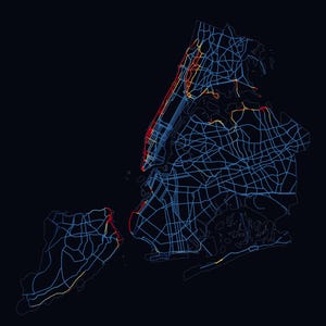 Op de afbeelding: Een kaart van New York City met de titel NEW YORK CITY Heat Wave Risk, waarop wegennetwerken in kleuren van blauw tot rood worden weergegeven om risiconiveaus aan te duiden. Een legenda onderaan toont de schaal van Lower naar Higher, met NOAA/FEMA.