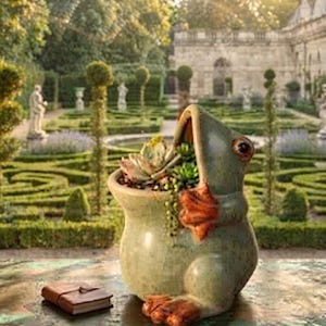 May include: A ceramic frog-shaped planter with a glossy light green glaze and orange-brown accents on the feet and hands. The planter holds a variety of small green succulents. A small, rectangular brown leather-bound notebook sits nearby.