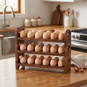 May include: A three-tiered dark brown wooden egg storage rack holding numerous light brown eggs. The rack features a sturdy frame with open sides and horizontal shelves, designed to organize and display eggs in a kitchen setting.