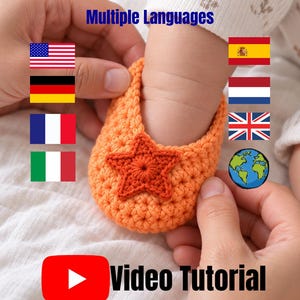 Haakpatroon & video voor babyschoentjes (PDF), babyslofjes met sterrenapplicatie, haakpatroon voor babyschoentjes met stapsgewijze video-tutorial.