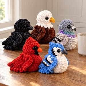 5-i-1 fågelvirkmönsterpaket, kardinal blåskrika örn duva kråka amigurumi plyschset, PDF digital nedladdning