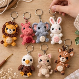 May include: A collection of seven crocheted animal keychains featuring a lion, hippo, elephant, rabbit, eagle, cat, and deer. Each small stuffed figure is crafted with yarn, includes a metal keyring, and displays distinct colors and facial features.
