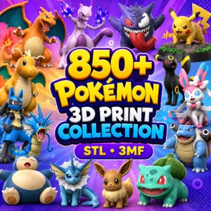 Może przedstawiać: Cyfrowa grafika przedstawiająca tekst 850+ Pokemon 3D Print Collection STL 3MF w otoczeniu różnych kolorowych postaci Pokemon wyrenderowanych w 3D, w tym Charizard, Mewtwo, Gengar, Pikachu, Dragonite, Lucario, Gyarados i innych.