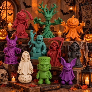 May include: A collection of ten colorful Halloween-themed figurines including a red pumpkin reaper, a green tree monster, an orange pumpkin ghost, a purple horned creature, a teal mummy, a red skeleton reaper, a grey grim reaper, a white ghost on a pumpkin, a green monster, and a purple bat creature.