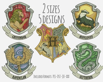 Diseño de bordado de cresta de casas de Hogwarts, diseño de bordado de mago, descarga instantánea, archivo de bordado, logotipo de Hogwarts