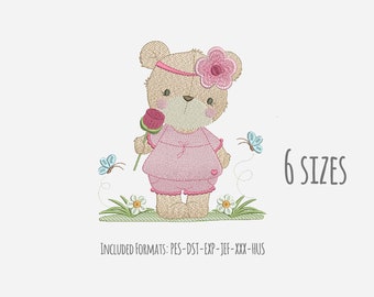 Bear Girl Embroidery Design, lindo diseño de bordado de oso, diseño de bordado de niña bebé, descarga instantánea, archivo de bordado, diseño de oso de bebé