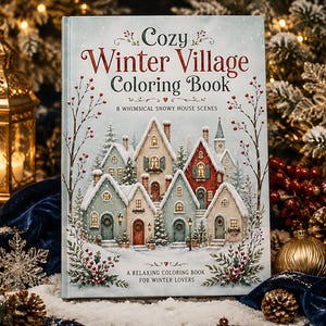May include: A hardcover coloring book titled Cozy Winter Village Coloring Book with the subtitle 8 Whimsical Snowy House Scenes and A Relaxing Coloring Book For Winter Lovers. The cover features an illustration of houses in a snowy landscape.