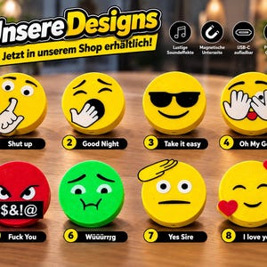 Könnte beinhalten: Acht kreisförmige Emoji-Geräte in Gelb, Rot und Grün. Jedes zeigt einen anderen Gesichtsausdruck und ist mit einer Nummer von 1 bis 8 versehen, darunter Shut up, Good Night, Take it easy, Oh My Gosh, Fuck You, Wüüürrsg, Yes Sire und I love you.