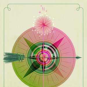 May include: A compass with a pink dandelion at the top, surrounded by a green and pink circle with the words "Own Your Power" at the bottom.