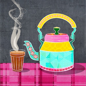May include: A colorful teapot with a blue, yellow, and pink patterned design sits on a pink and black checkered tablecloth. A glass of brown tea sits next to the teapot with steam rising from it.