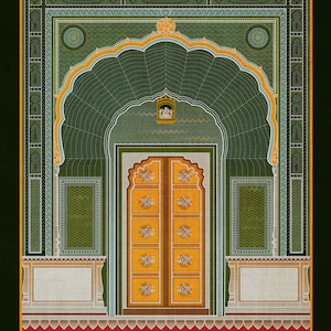 May include: A green and gold ornate doorway with a decorative archway and intricate tile work. The doorway is framed by a green and gold border.