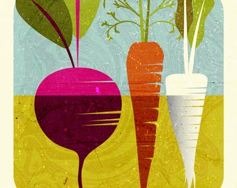 May include: A stylised illustration of three vegetables: a beetroot with pink and purple hues, a carrot with orange and red hues, and a white turnip. The vegetables are set against a background of blue, yellow, and white. The quote "How lovely is the silence of growing things." is written in cursive at the bottom of the image.