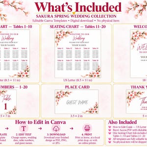 以下が含まれることがあります： 桜の春のウェディングコレクションのデジタルテンプレートセット。ピンクの桜のイラストが特徴です。座席表、ウェルカムボード、テーブル番号、席札、サンキューカードが含まれており、Canvaでテキストを編集してカスタマイズすることが可能です。