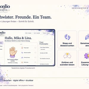 Könnte beinhalten: Eine digitale Produktansicht der Marke Moonlio Creative mit dem Titel Geschwister. Freunde. Ein Team. Die Benutzeroberfläche zeigt einen Friedensplan für Kinder mit Hand-Symbol, Text und vier Anleitungsfeldern mit Symbolen für Atmung, Zuhören und Puzzleteilen.