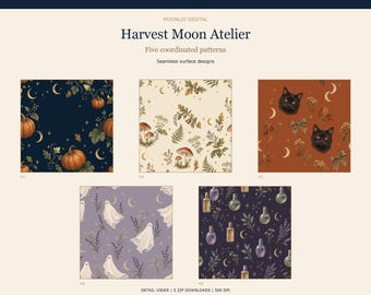 May include: Five coordinated seamless surface designs titled Harvest Moon Atelier by Moonlio Digital. The patterns feature illustrations of pumpkins, mushrooms, acorns, black cats, ghosts, and potion bottles on dark blue, cream, orange, and purple backgrounds.