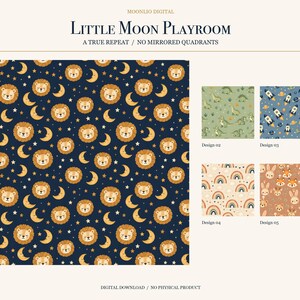 May include: A digital pattern sheet titled Little Moon Playroom featuring a dark blue background with repeating lion faces, yellow crescent moons, and stars. Four additional smaller pattern swatches show dinosaurs, rockets, rainbows, and woodland animal faces.