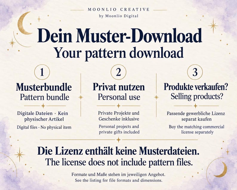 Moonlio Creative: Kaufhilfe auf Deutsch und Englisch. Musterbundle als digitaler Download, kein physischer Artikel. Private Projekte und Geschenke enthalten. Zum Verkauf physischer Produkte passende gewerbliche Lizenz separat kaufen; sie enthält keine Musterdateien. / Bilingual guide: digital pattern bundle, personal use and private gifts; matching commercial license sold separately, without pattern files.