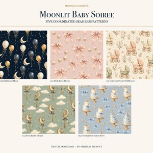 May include: A digital collection titled Moonlit Baby Soiree featuring five seamless patterns: dark blue with balloons and moons, blush pink with bows and blocks, cream with prams and wildflowers, sage green with moon rattles and clouds, and blue with cakes.